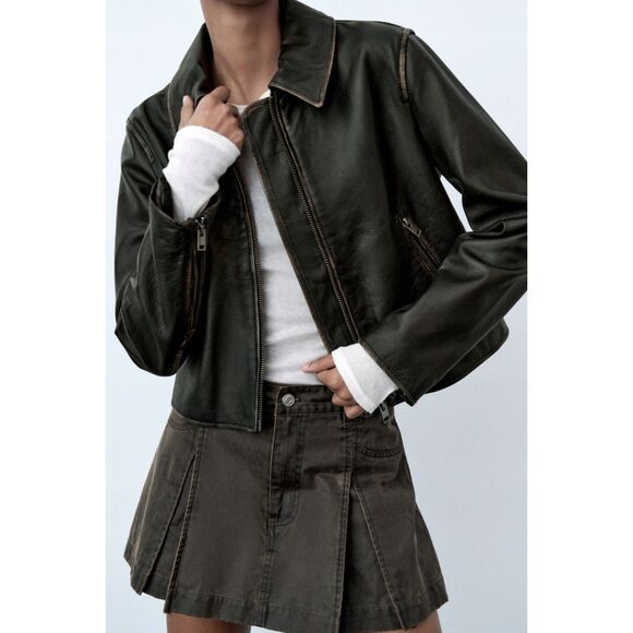 Zara Jackets & Blazers - Black Brown Zara 100% Leather Distressed Vintage-Look Zipper Moto Jacket (NWT)